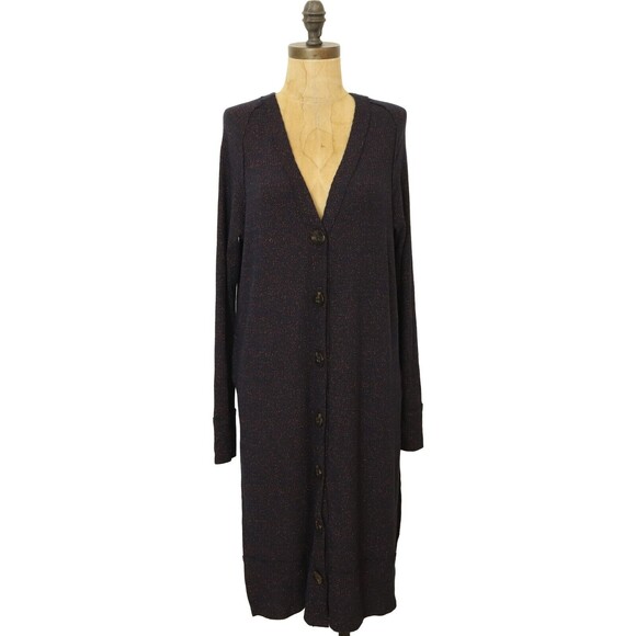 Free People Sparkly Cardigan Size M Navy Glitter Long Button V-Neck EUC B56 - Picture 2 of 6